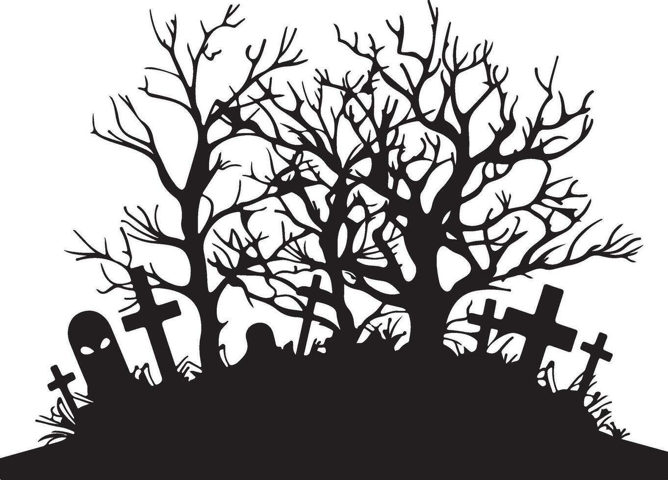 Halloween Graveyard Silhouette Illustration White Background vector