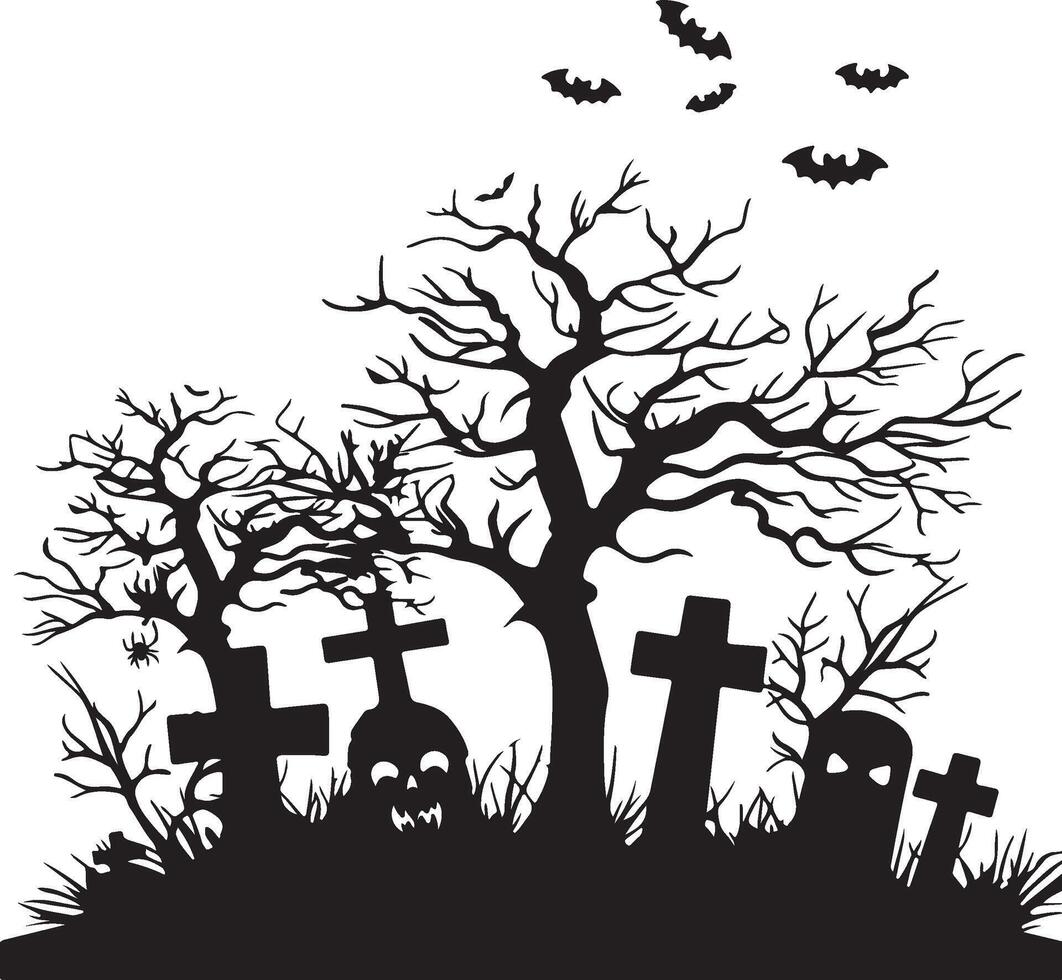 Halloween Graveyard Silhouette Illustration White Background vector