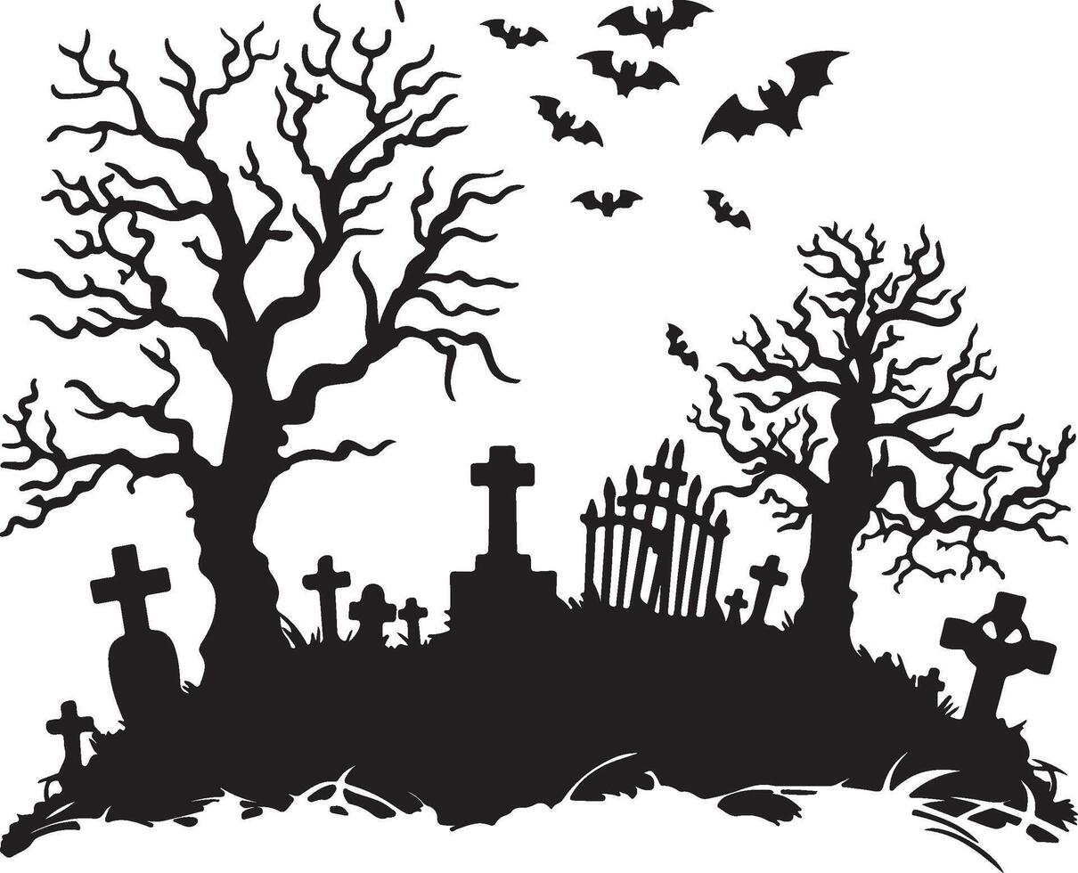 Halloween Graveyard Silhouette Illustration White Background vector