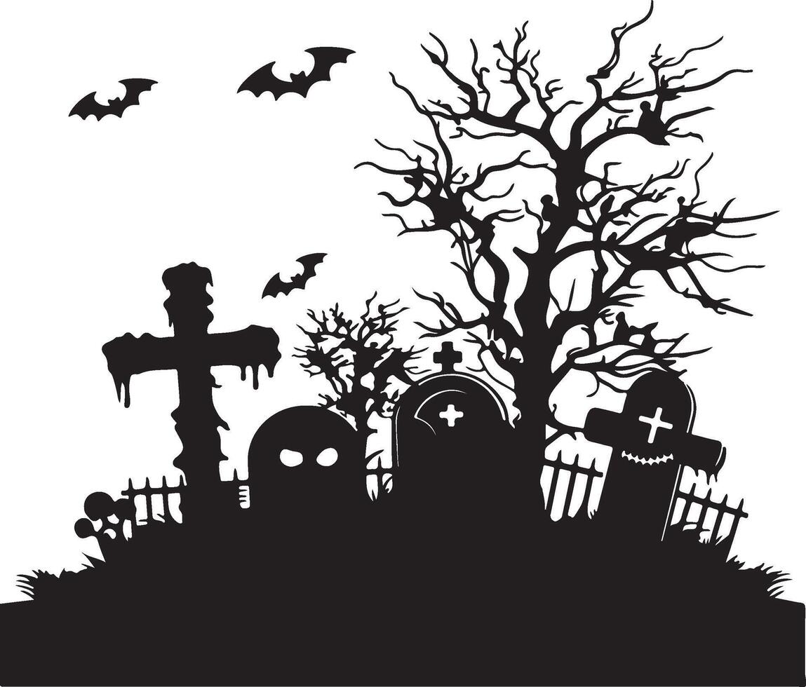 Halloween Graveyard Silhouette Illustration White Background vector