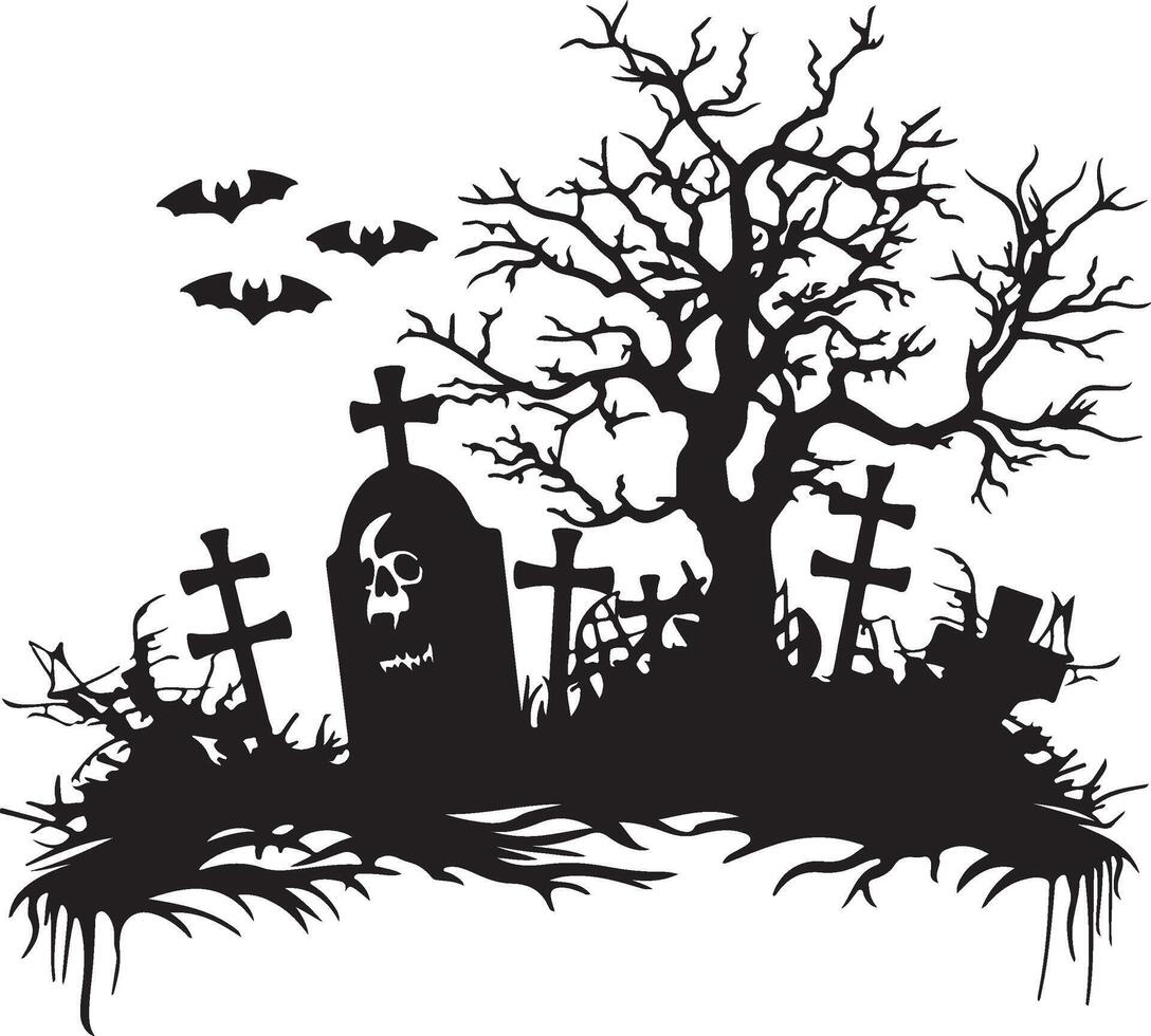 Halloween Graveyard Silhouette Illustration White Background vector