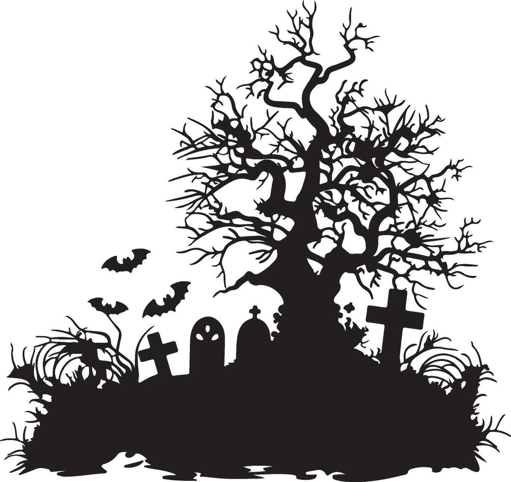 Halloween Graveyard Silhouette Illustration White Background vector