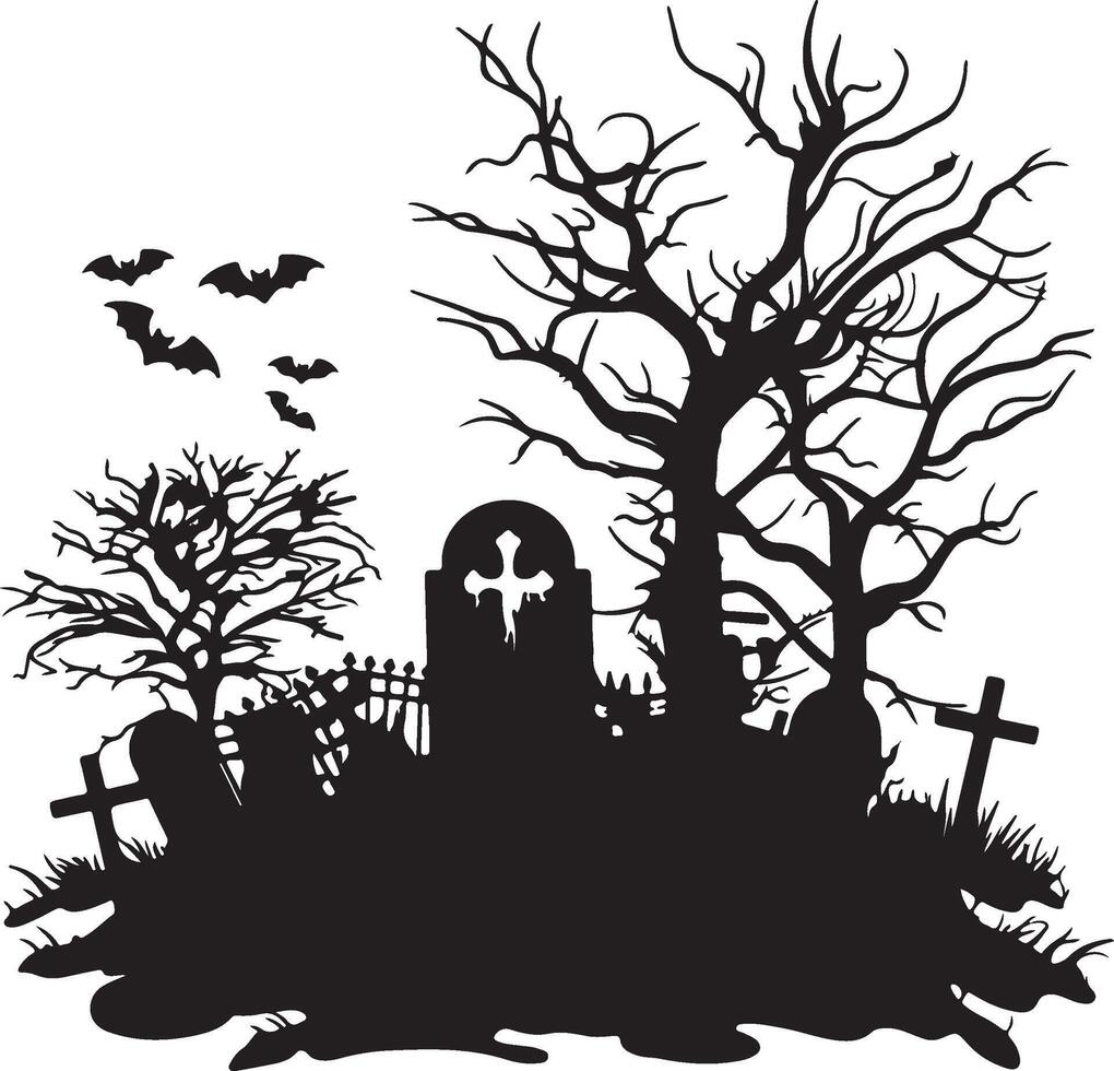 Halloween Graveyard Silhouette Illustration White Background vector