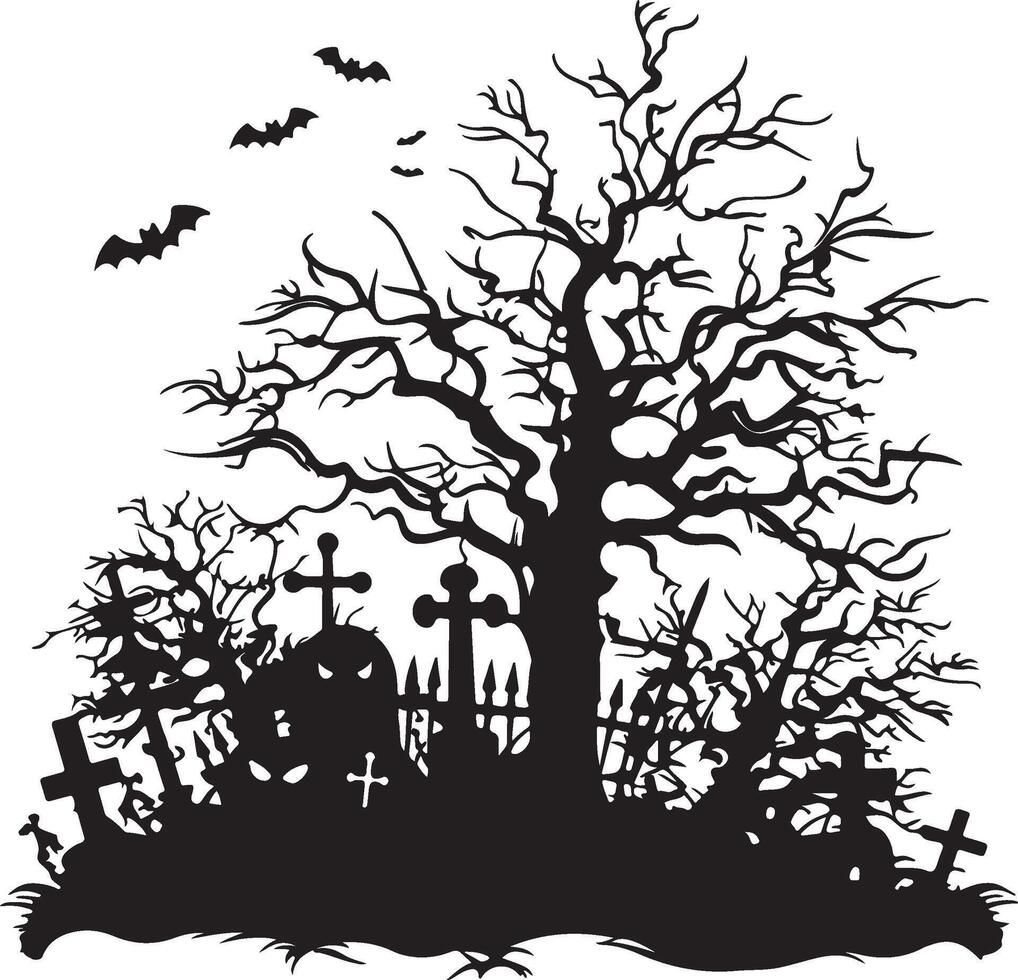 Halloween Graveyard Silhouette Illustration White Background vector