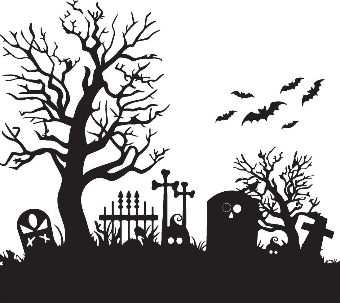 Halloween Graveyard Silhouette Illustration White Background vector