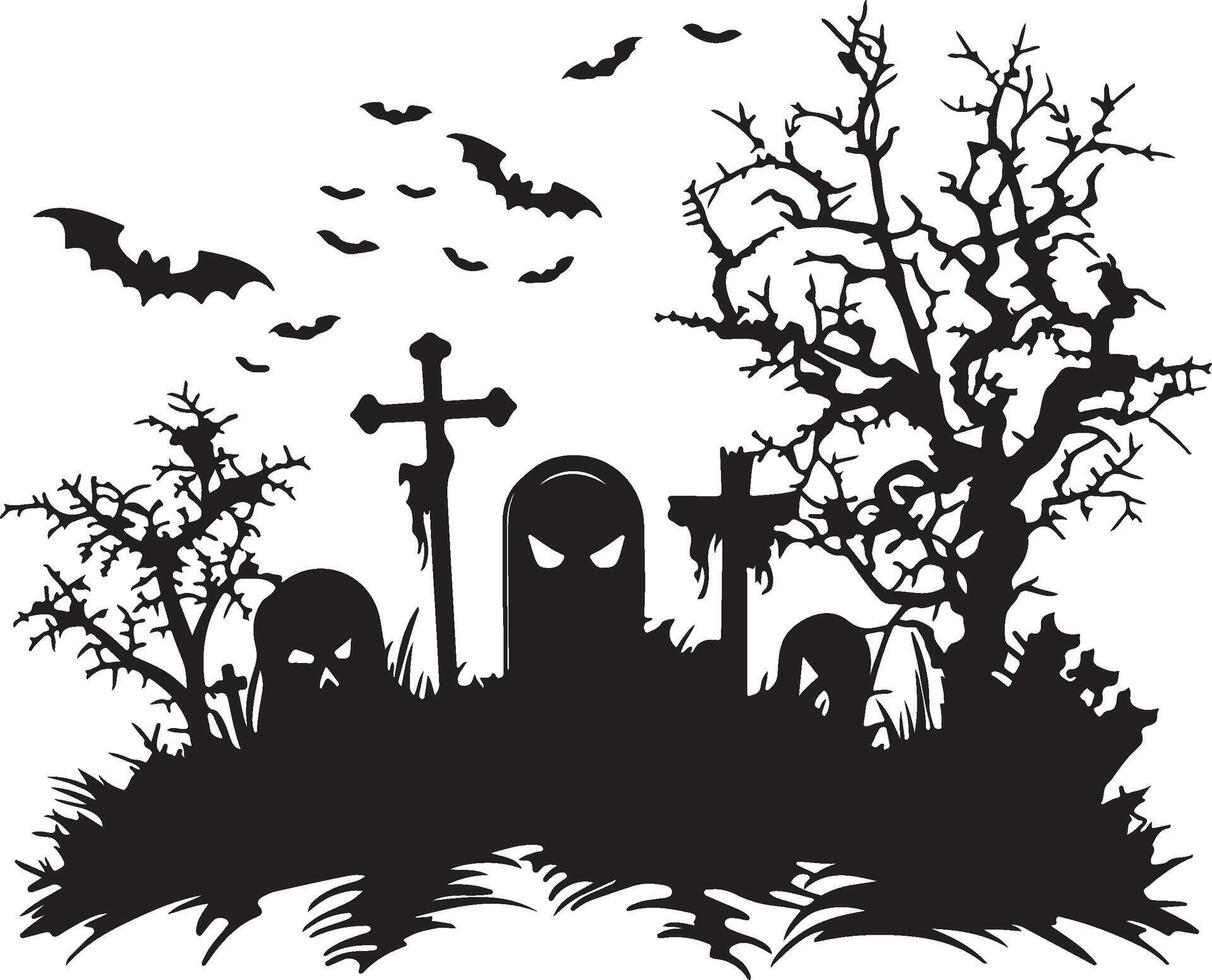 Halloween Graveyard Silhouette Illustration White Background vector