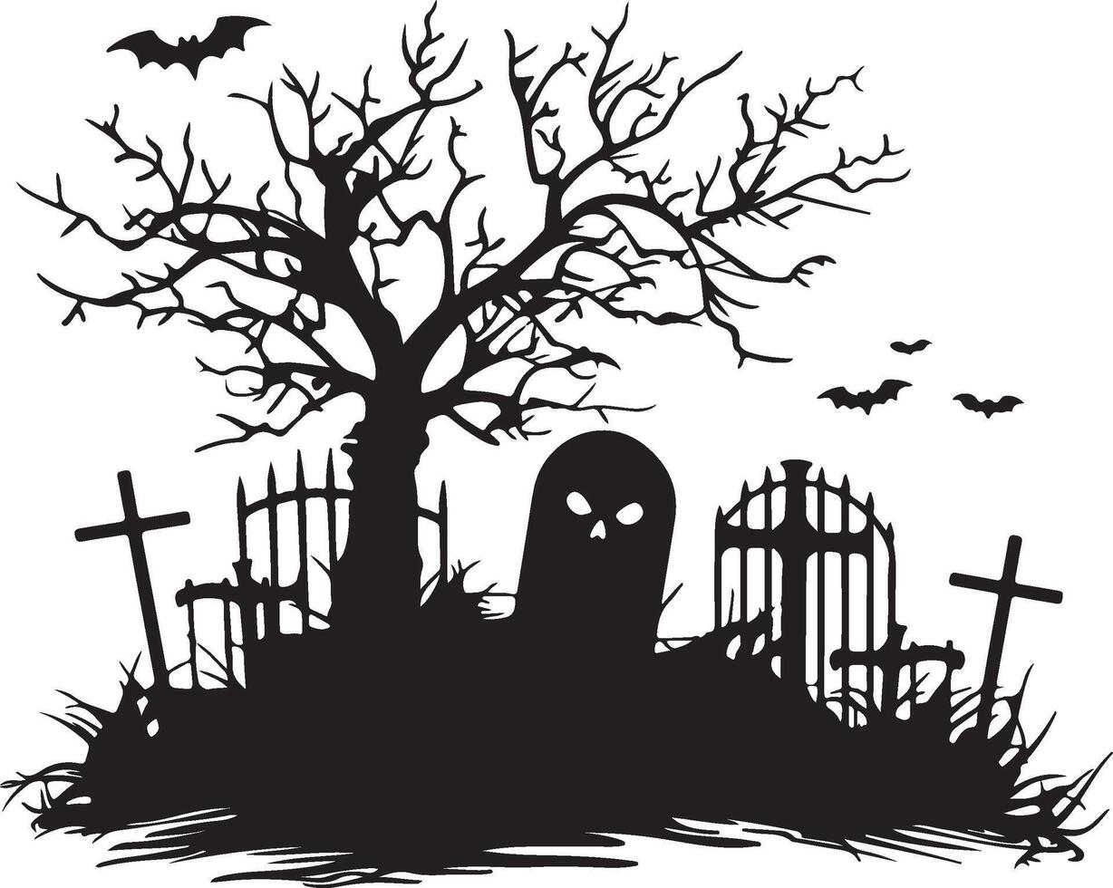 Halloween Graveyard Silhouette Illustration White Background vector