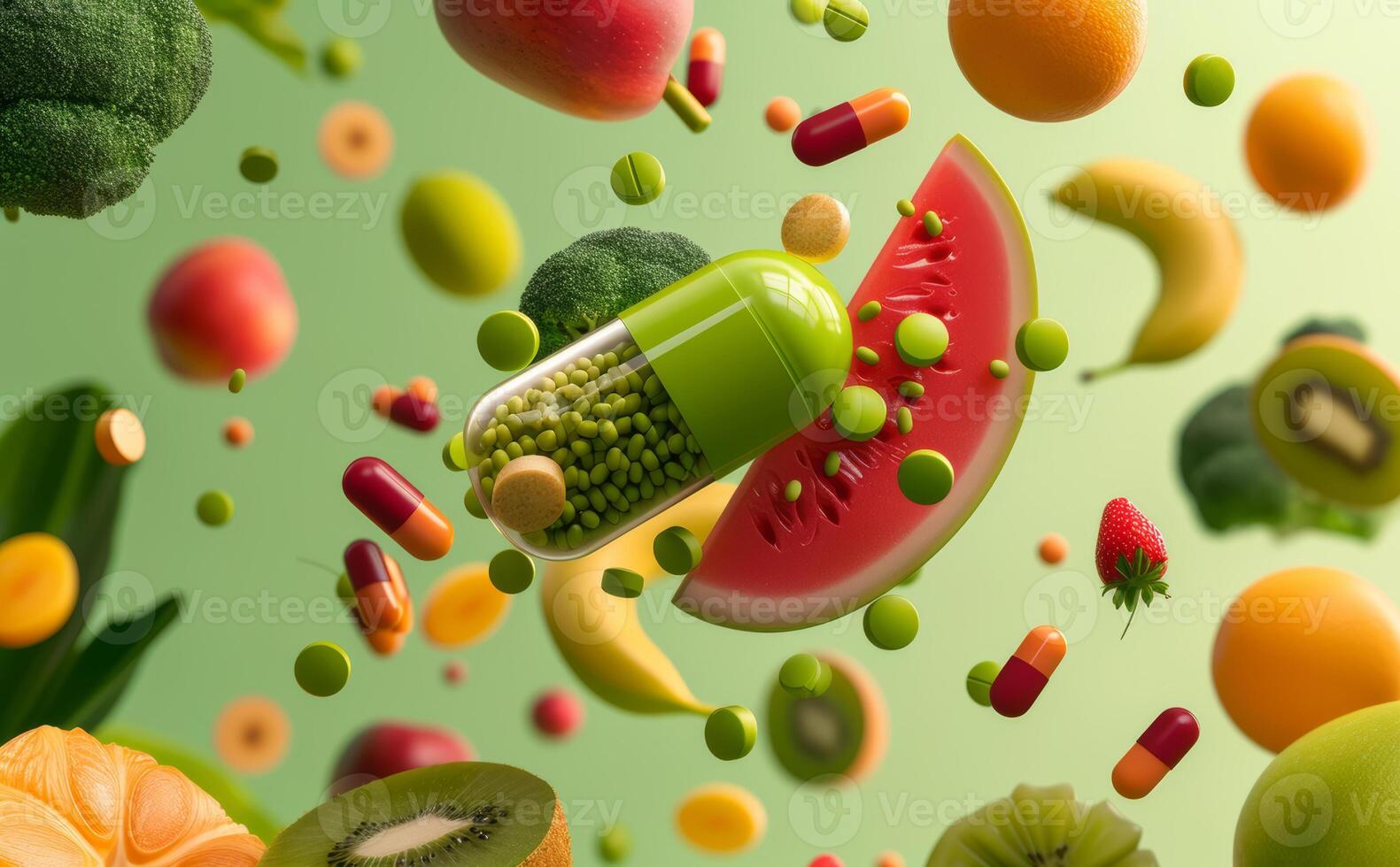 Floating capsule with vitamins and colorful fruits and vegetables photo