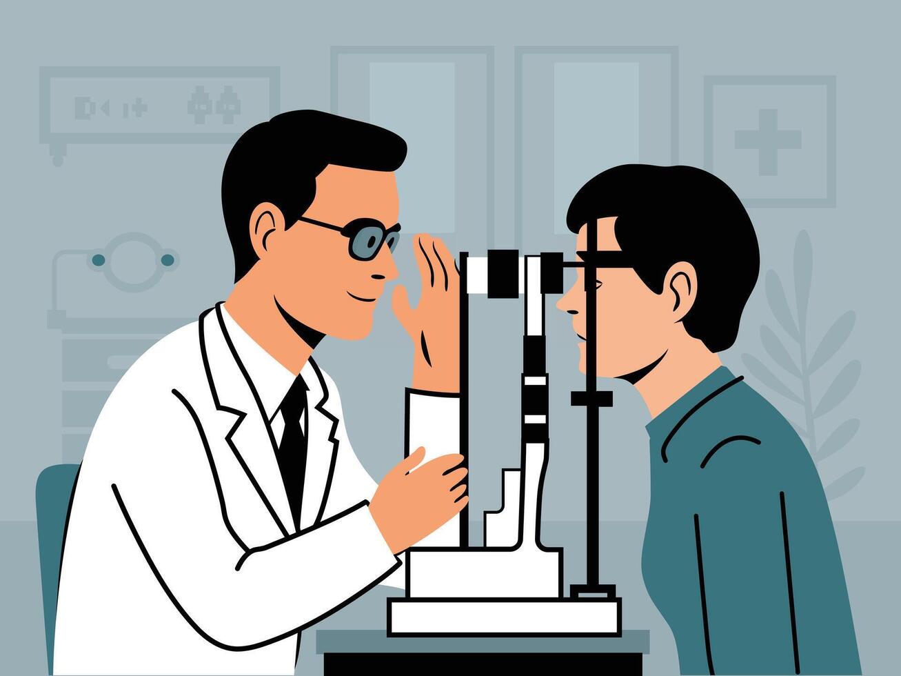 Eye checked Examination with Man Health Care Professional Screening Patient on Slit Lamp Illustration vector