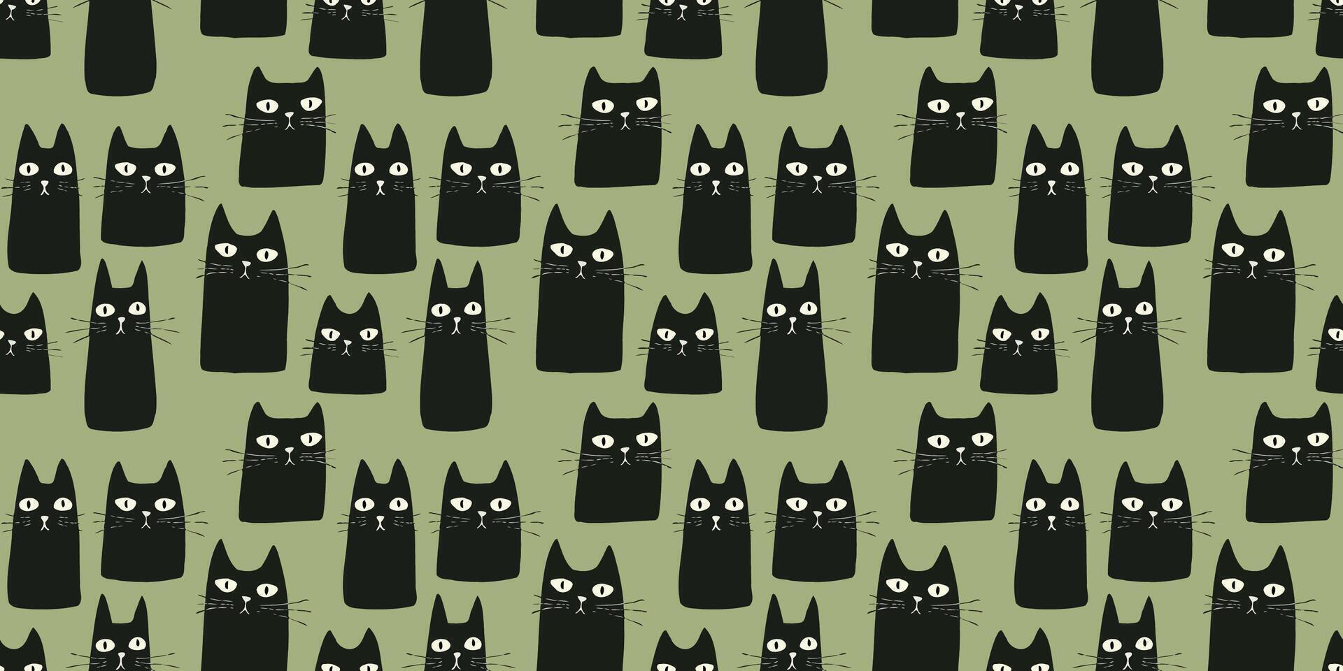 Green background black cats seamless pattern vector