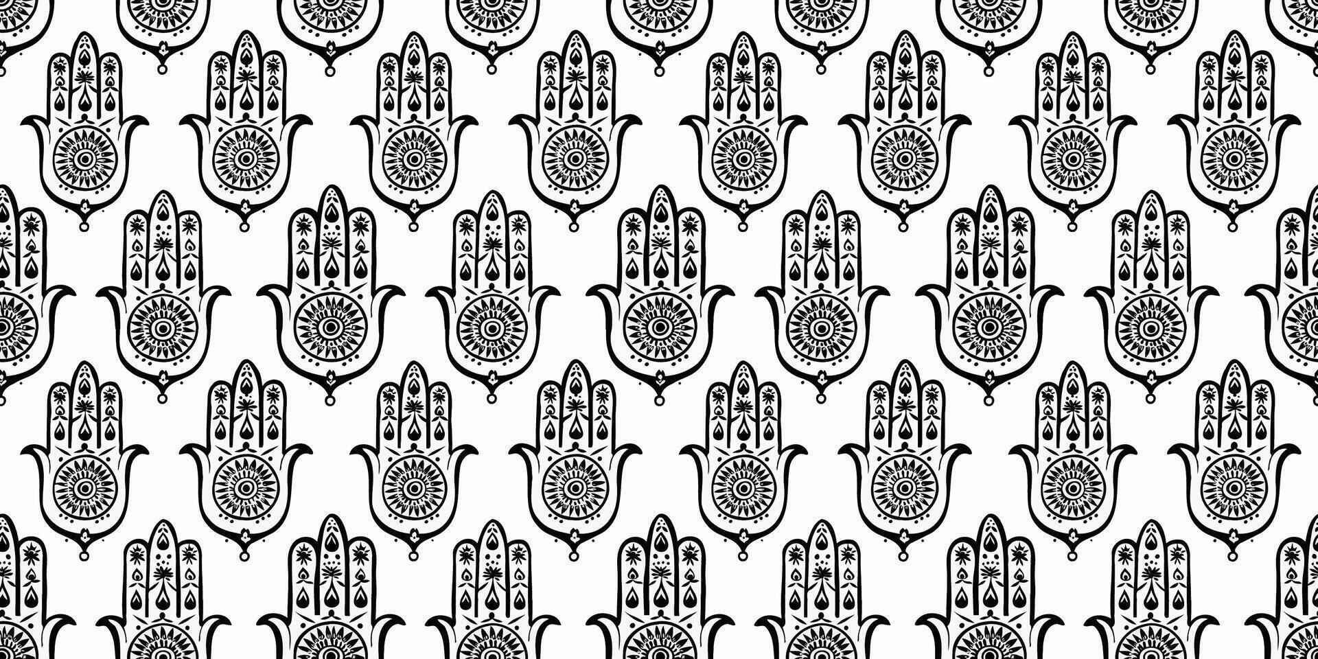Black and White hamsa seamless pattern vector
