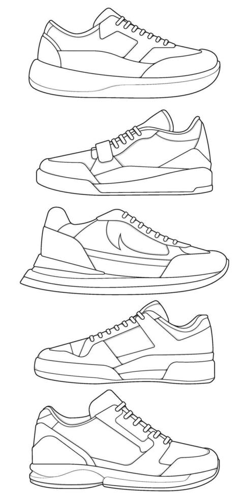 set of outline Cool Sneakers. Shoes sneaker outline drawing , Sneakers drawn in a sketch style, sneaker trainers template outline vector