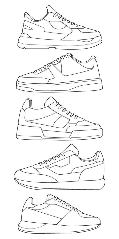 set of outline Cool Sneakers. Shoes sneaker outline drawing , Sneakers drawn in a sketch style, sneaker trainers template outline vector
