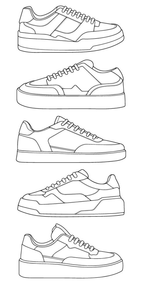 set of outline Cool Sneakers. Shoes sneaker outline drawing , Sneakers drawn in a sketch style, sneaker trainers template outline vector