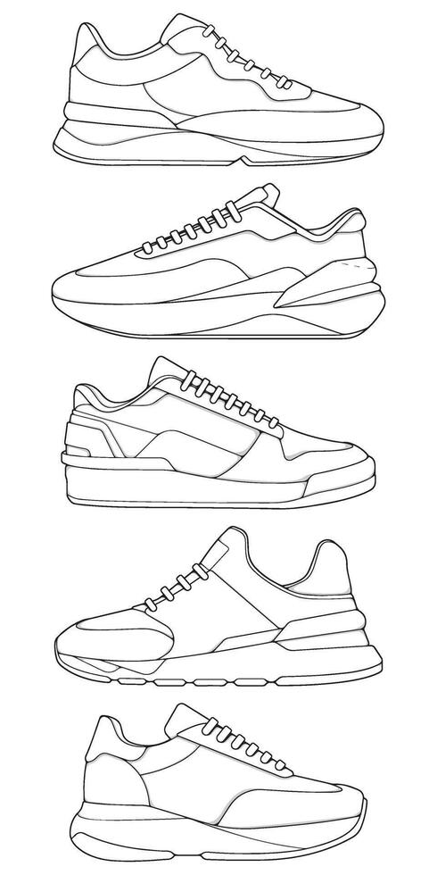 set of outline Cool Sneakers. Shoes sneaker outline drawing , Sneakers drawn in a sketch style, sneaker trainers template outline vector