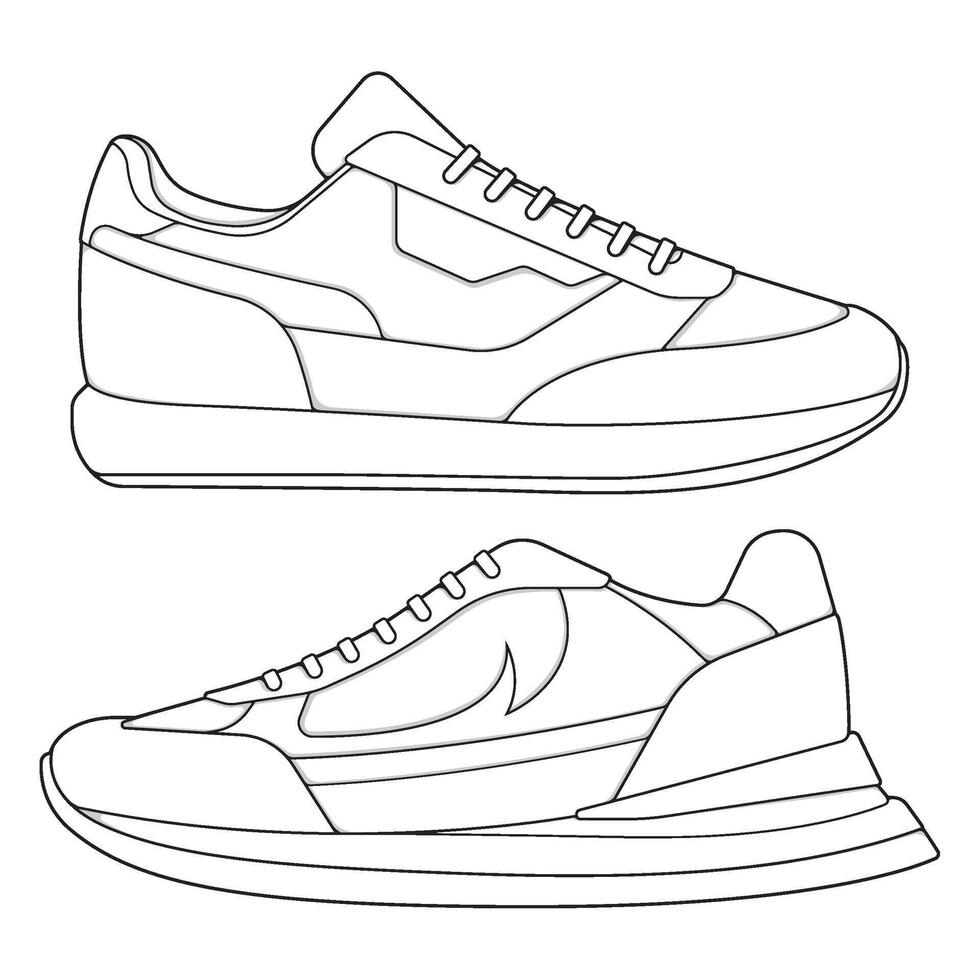 set of outline Cool Sneakers. Shoes sneaker outline drawing , Sneakers drawn in a sketch style, sneaker trainers template of outline Cool Sneakers. Shoes sneaker outline drawing. vector