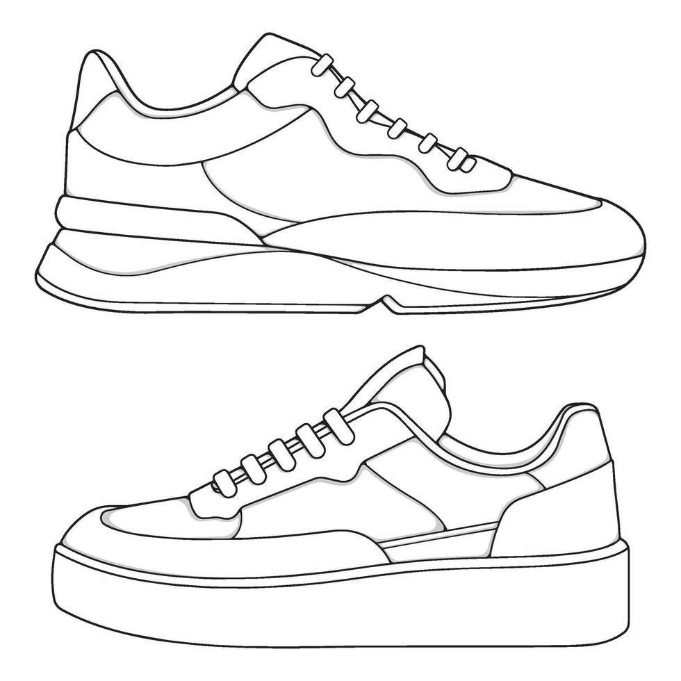 set of outline Cool Sneakers. Shoes sneaker outline drawing , Sneakers drawn in a sketch style, sneaker trainers template outline vector