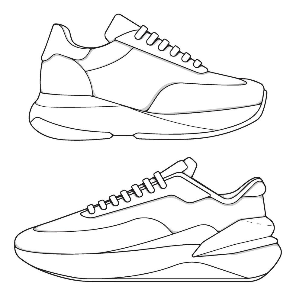 set of outline Cool Sneakers. Shoes sneaker outline drawing , Sneakers drawn in a sketch style, sneaker trainers template outline vector