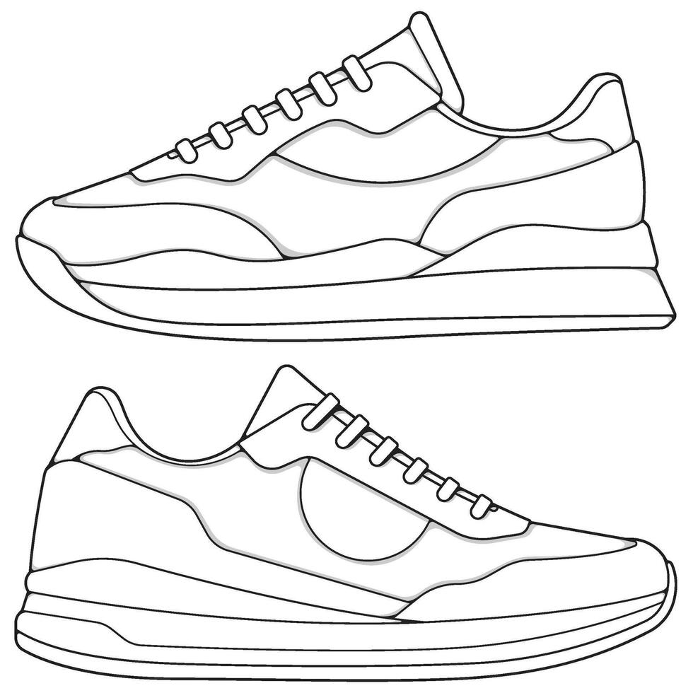 set of outline Cool Sneakers. Shoes sneaker outline drawing , Sneakers drawn in a sketch style, sneaker trainers template outline vector