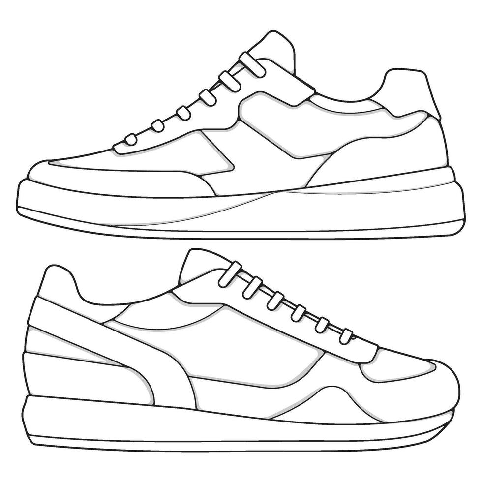 set of outline Cool Sneakers. Shoes sneaker outline drawing , Sneakers drawn in a sketch style, sneaker trainers template outline vector
