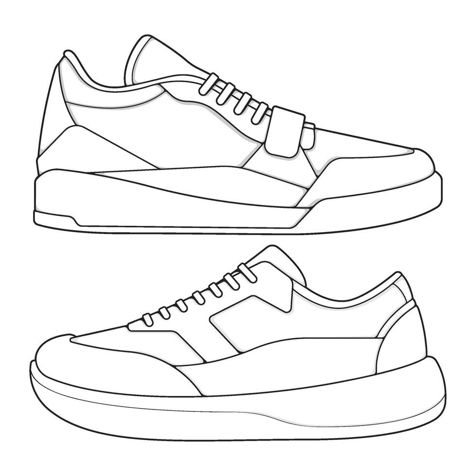 set of outline Cool Sneakers. Shoes sneaker outline drawing , Sneakers drawn in a sketch style, sneaker trainers template outline vector
