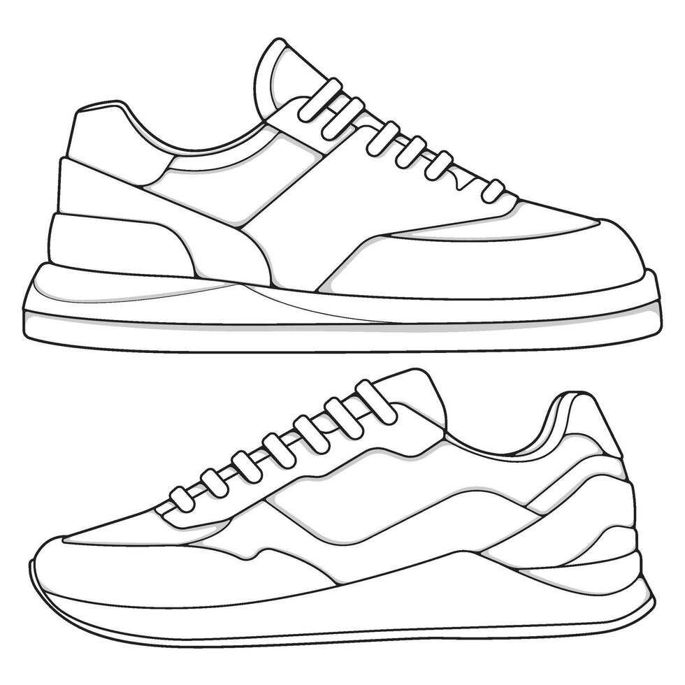 set of outline Cool Sneakers. Shoes sneaker outline drawing , Sneakers drawn in a sketch style, sneaker trainers template outline vector
