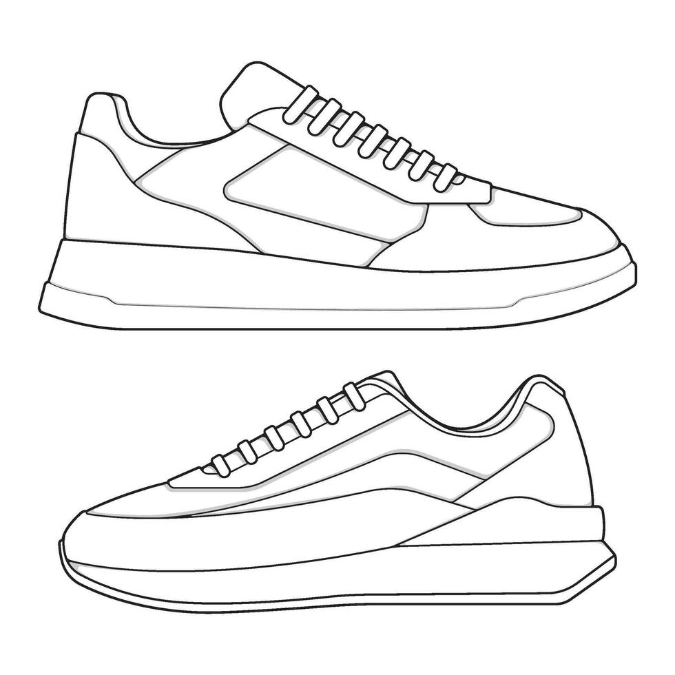 set of outline Cool Sneakers. Shoes sneaker outline drawing , Sneakers drawn in a sketch style, sneaker trainers template outline vector