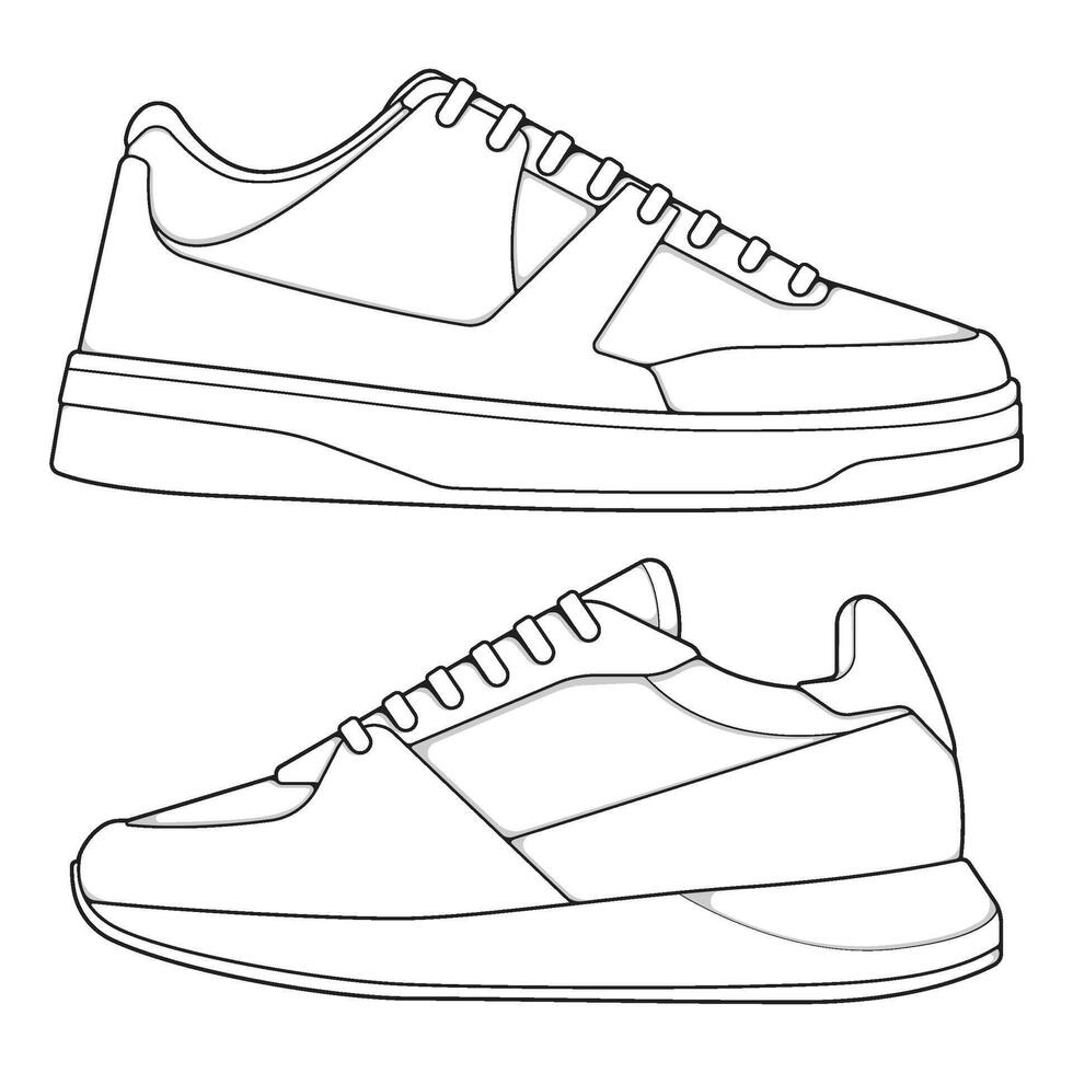 set of outline Cool Sneakers. Shoes sneaker outline drawing , Sneakers drawn in a sketch style, sneaker trainers template outline vector