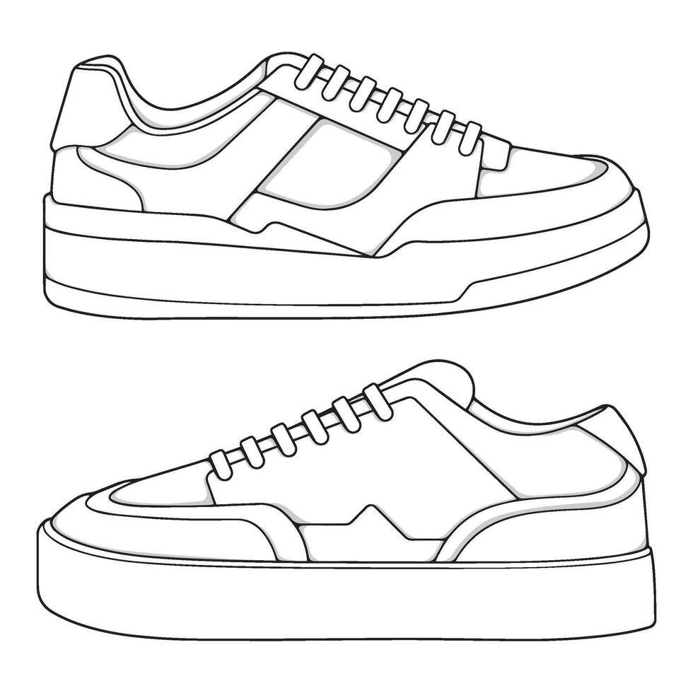 set of outline Cool Sneakers. Shoes sneaker outline drawing , Sneakers drawn in a sketch style, sneaker trainers template outline vector