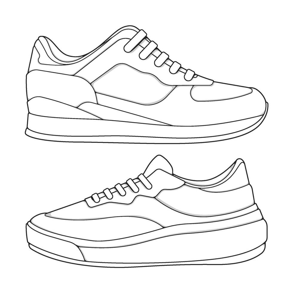 set of outline Cool Sneakers. Shoes sneaker outline drawing , Sneakers drawn in a sketch style, sneaker trainers template outline vector
