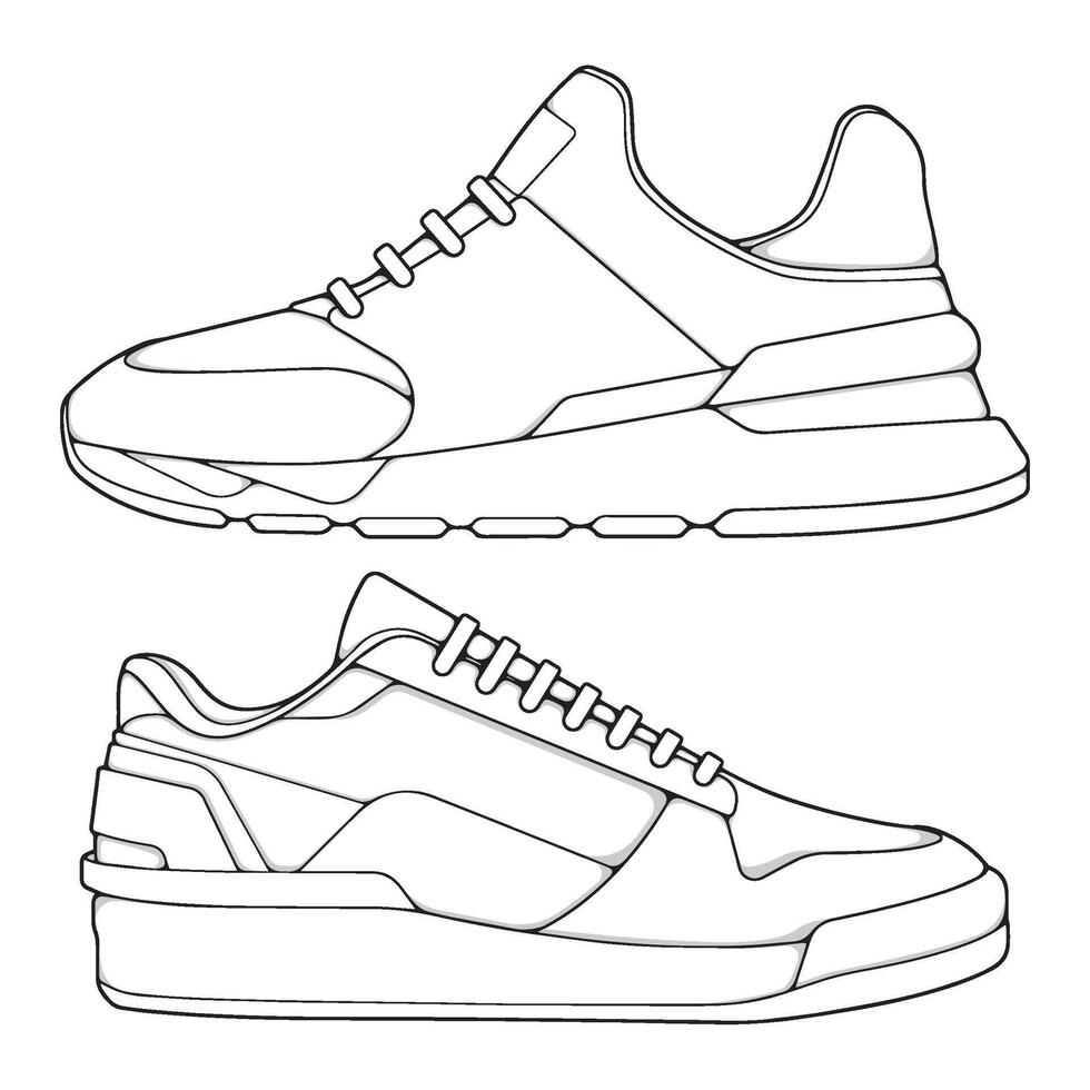 set of outline Cool Sneakers. Shoes sneaker outline drawing , Sneakers drawn in a sketch style, sneaker trainers template outline vector