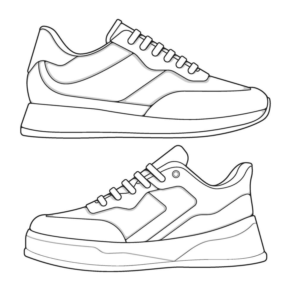 set of outline Cool Sneakers. Shoes sneaker outline drawing , Sneakers drawn in a sketch style, sneaker trainers template outline vector