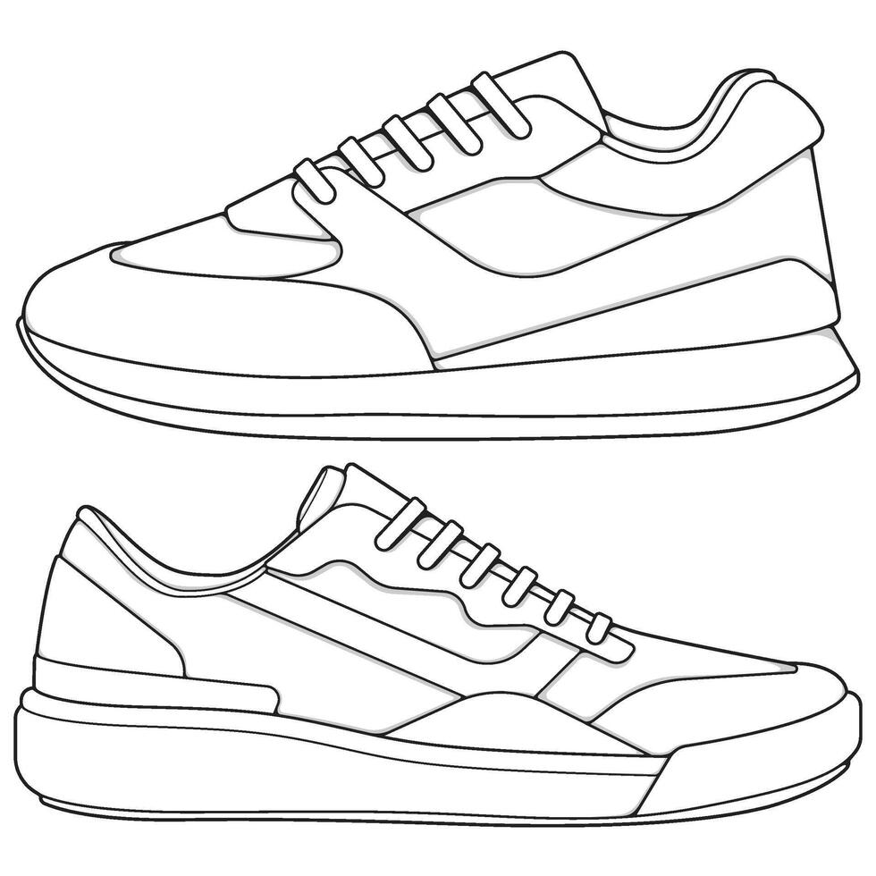 set of outline Cool Sneakers. Shoes sneaker outline drawing , Sneakers drawn in a sketch style, sneaker trainers template outline vector
