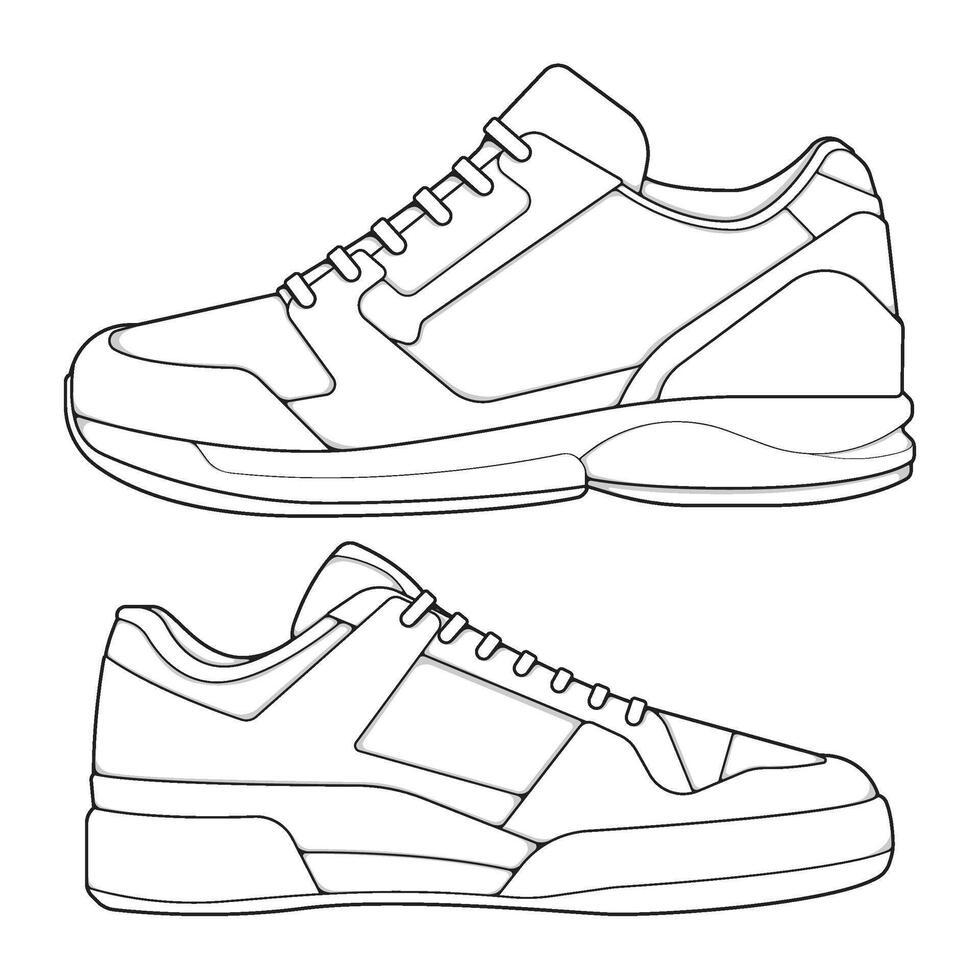set of outline Cool Sneakers. Shoes sneaker outline drawing , Sneakers drawn in a sketch style, sneaker trainers template outline vector