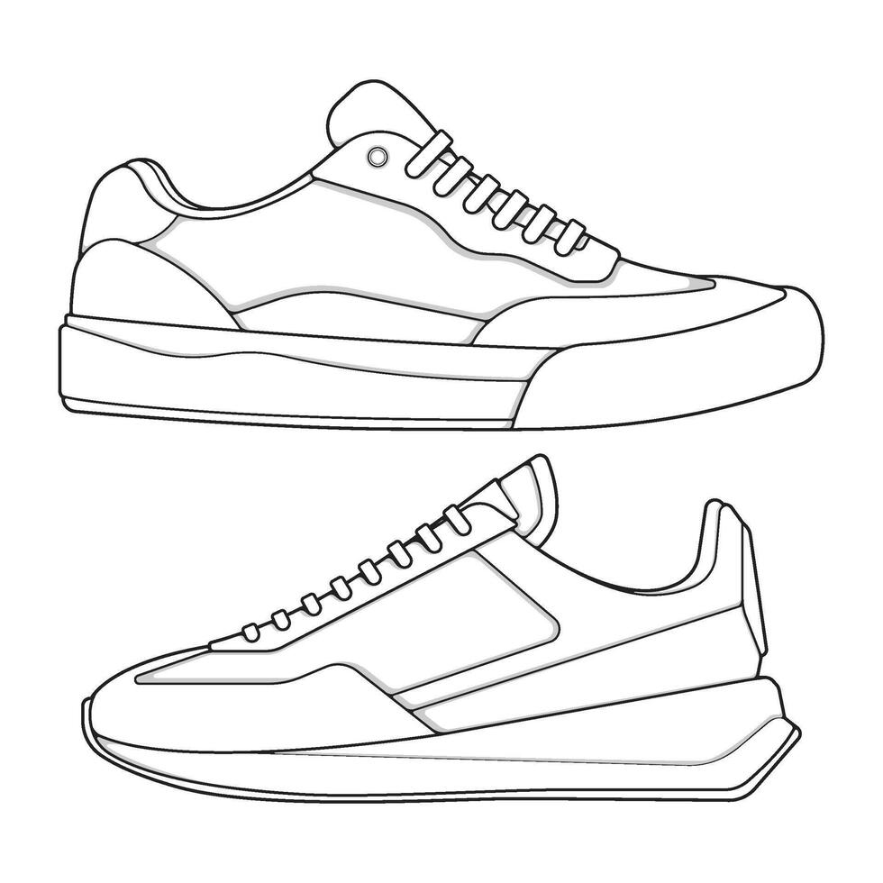 set of outline Cool Sneakers. Shoes sneaker outline drawing , Sneakers drawn in a sketch style, sneaker trainers template outline vector