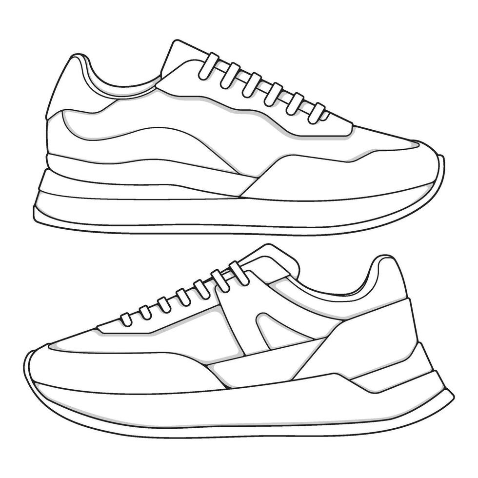 set of outline Cool Sneakers. Shoes sneaker outline drawing , Sneakers drawn in a sketch style, sneaker trainers template outline vector