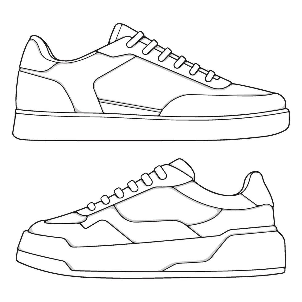 set of outline Cool Sneakers. Shoes sneaker outline drawing , Sneakers drawn in a sketch style, sneaker trainers template outline vector
