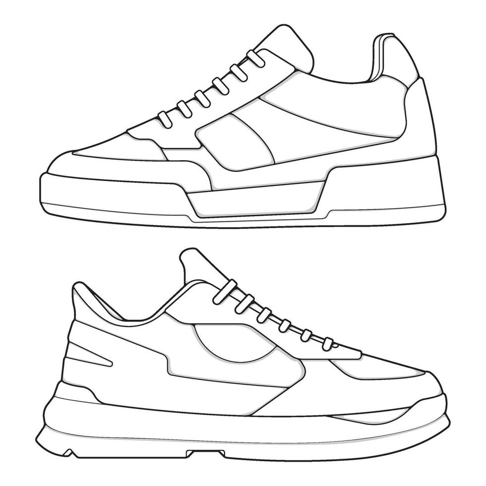 set of outline Cool Sneakers. Shoes sneaker outline drawing , Sneakers drawn in a sketch style, sneaker trainers template outline vector