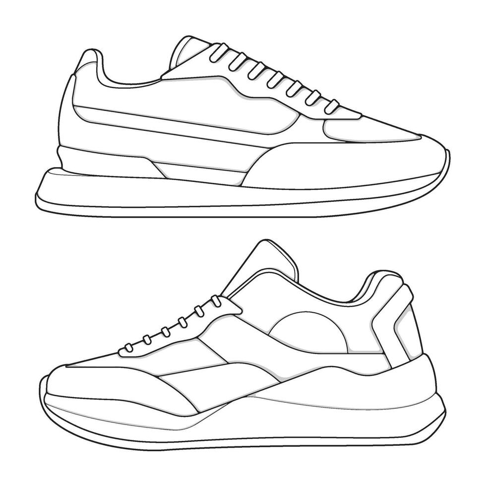 set of outline Cool Sneakers. Shoes sneaker outline drawing , Sneakers drawn in a sketch style, sneaker trainers template outline vector