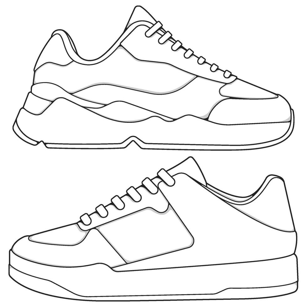 set of outline Cool Sneakers. Shoes sneaker outline drawing , Sneakers drawn in a sketch style, sneaker trainers template outline vector