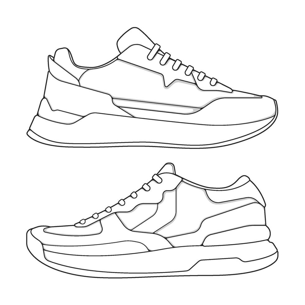 set of outline Cool Sneakers. Shoes sneaker outline drawing , Sneakers drawn in a sketch style, sneaker trainers template outline vector