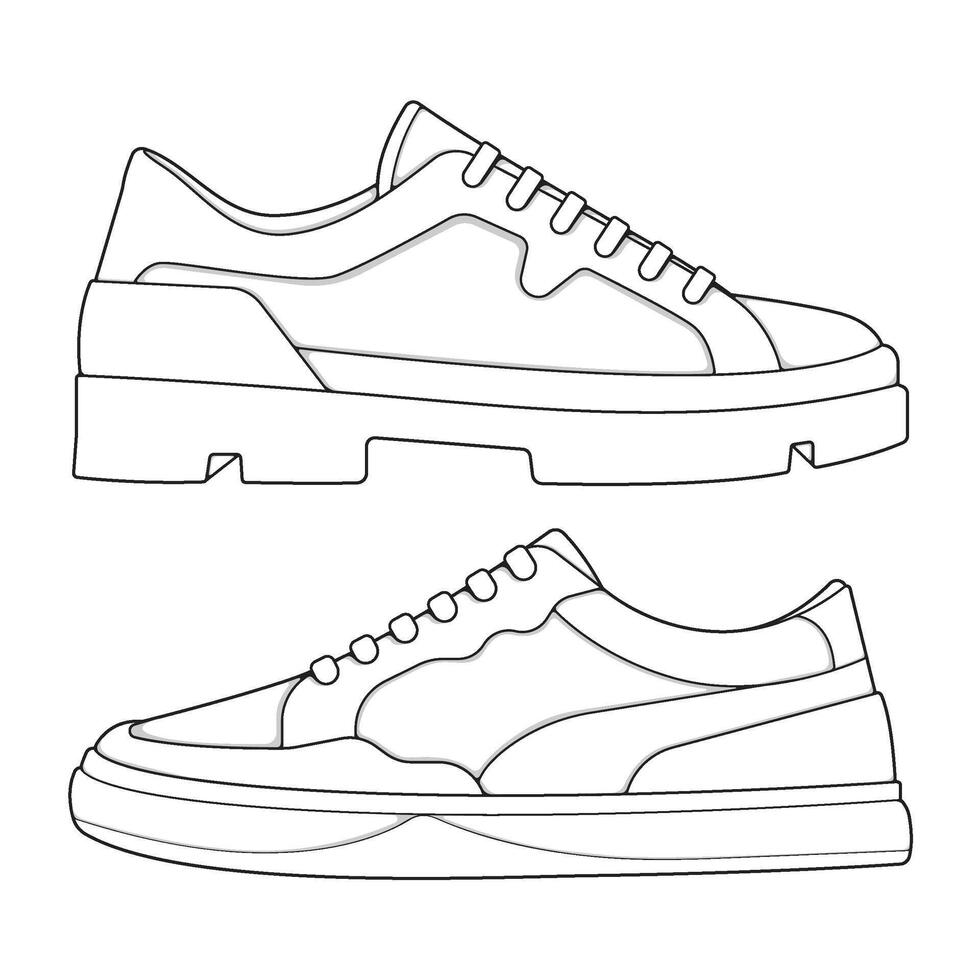 set of outline Cool Sneakers. Shoes sneaker outline drawing , Sneakers drawn in a sketch style, sneaker trainers template outline vector