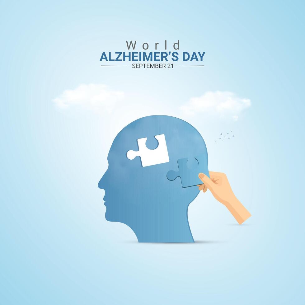 World Alzheimer's Day creative ads design. brain, hand and bulb isolated on Template for background. Alzheimer's Poster, , 3d, illustration, Sep 21. Important day, Holiday concept. vector
