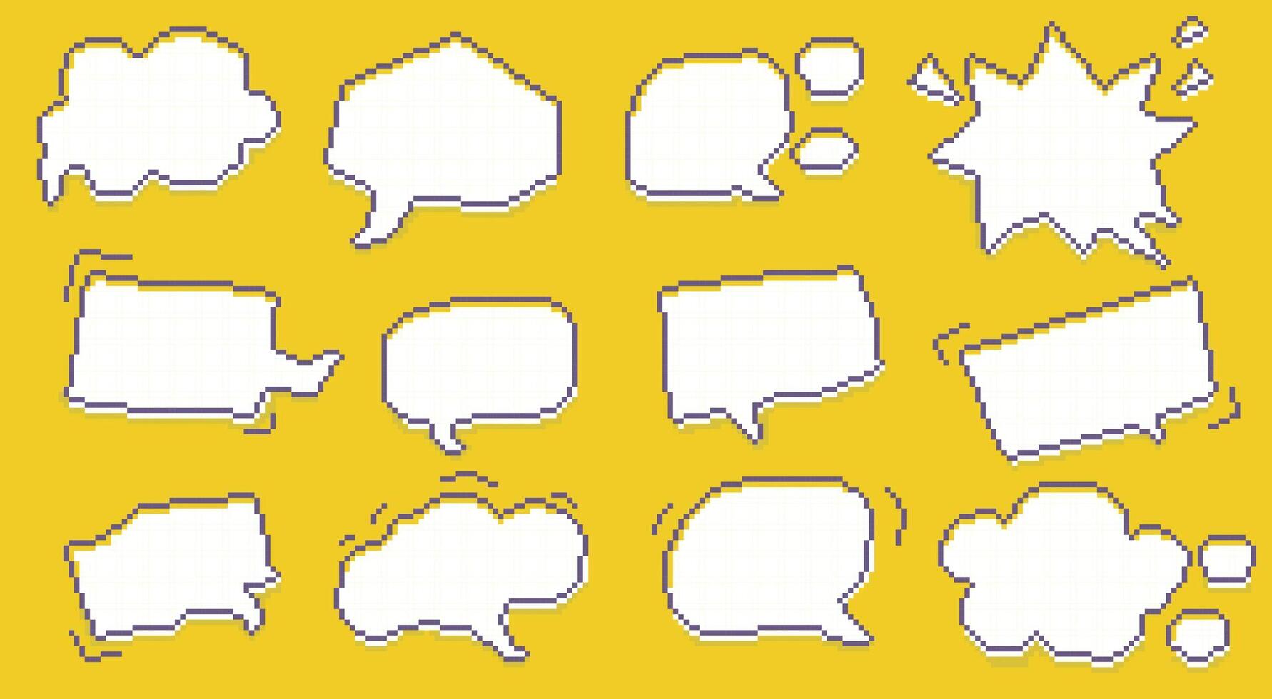 Pixel speech bubbles. Retro comic chat messages speech bubble frame elements, bit game dialog bubble sticker with text. speech bubbles isolated set vector