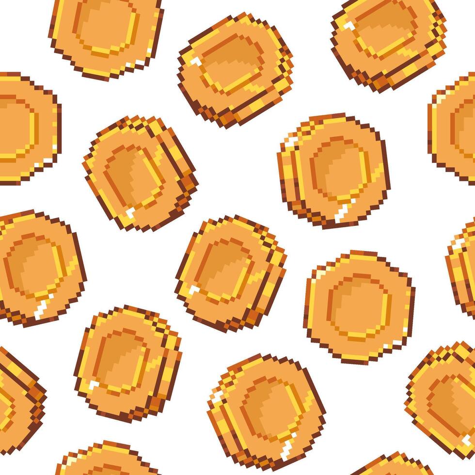 Pixel coin seamless pattern. Retro 8 bit golden coins arcade game background, old game graphic element. pixelated background with 80s old school style gold coins vector