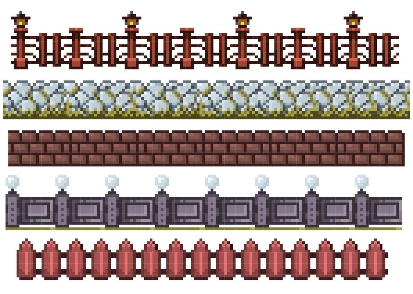 Pixel fences pattern. Seamless fence pattern 8 bit retro old school game border and boundary, cartoon wooden plank panel. pixel fence texture vector