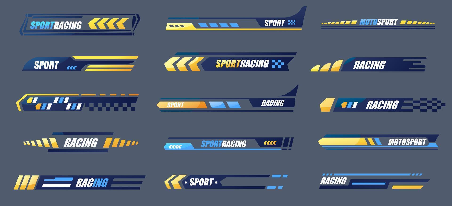 Sport car stripes. Racing car stripe vinyl decals and stickers, automobile vinyl wrap, fast car emblem and badge, motorbike race vehicle graphic. sport car stripes isolated set vector