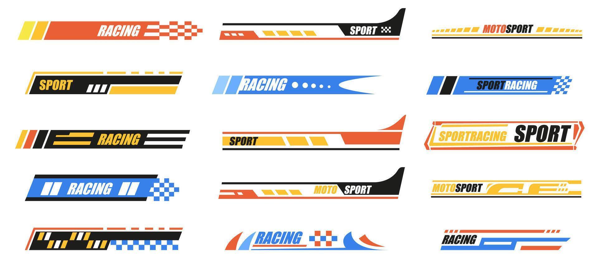 Racing stripes. Checkered flag stripe and racing tape borders for car, fast vehicle performance modification elements. racing stripes isolated set vector