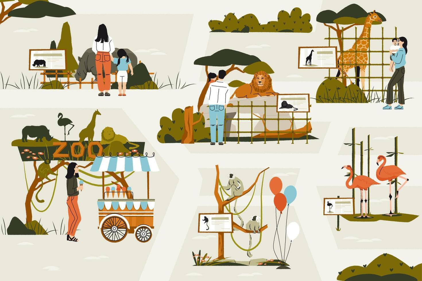 Zoo scene with visitors. Cartoon zoo park with safari animals and people, wildlife nature with animals and visitors. illustration. vector