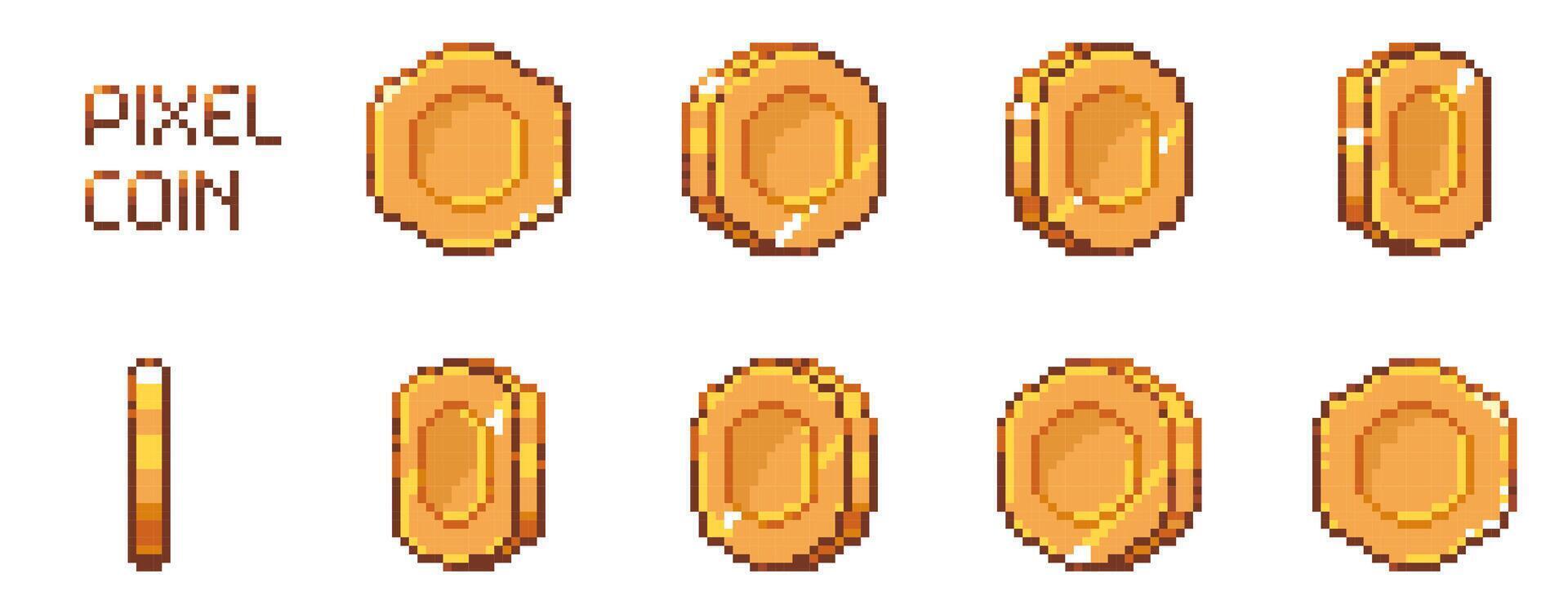 Pixel art coin animation. Retro 8 bit golden coins sprite asset, vintage pixel art coin arcade gaming money bonus and reward, cartoon 2D asset. isolated set pixel art gold coin vector